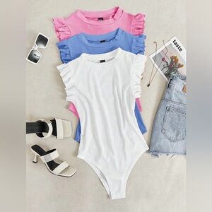 Ruffled Sleeve Ribbed Knit Round Neck Bodysuit Trio - White, Blue, Pink